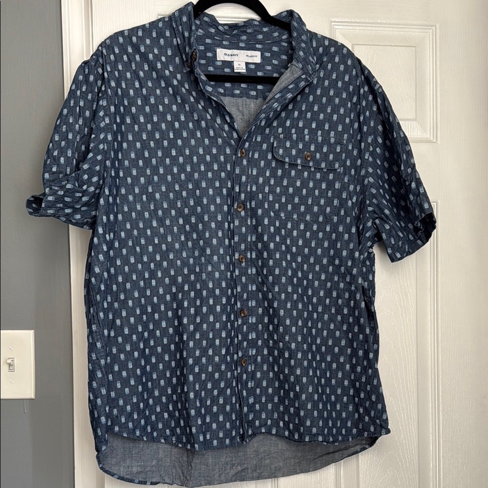 Blue Patterned Button-Up Shirt
